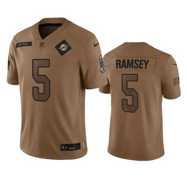 Mens Miami Dolphins #5 Jalen Ramsey 2023 Brown Salute To Service Limited Football Stitched Jersey Dyin